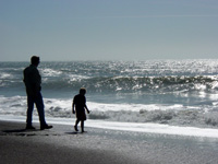Man and child walking on a beach